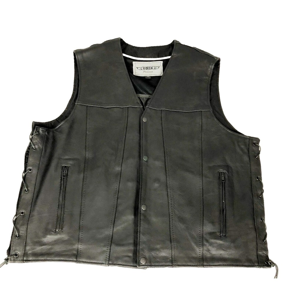 Unik Premium Men's Sz 5XL Black Leather Vest Snap Front Lace Sides Conceal Carry